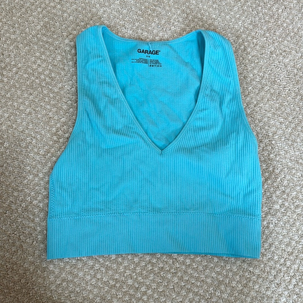 Blue Ribbed Cropped Tank Top